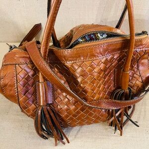 Brown Woven Leather Shoulder Bag with Tassels Noonday Purse
